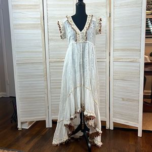 NJ Couture Paris Beaded Fringed Boho Eyelete Maxi Dress S/M
